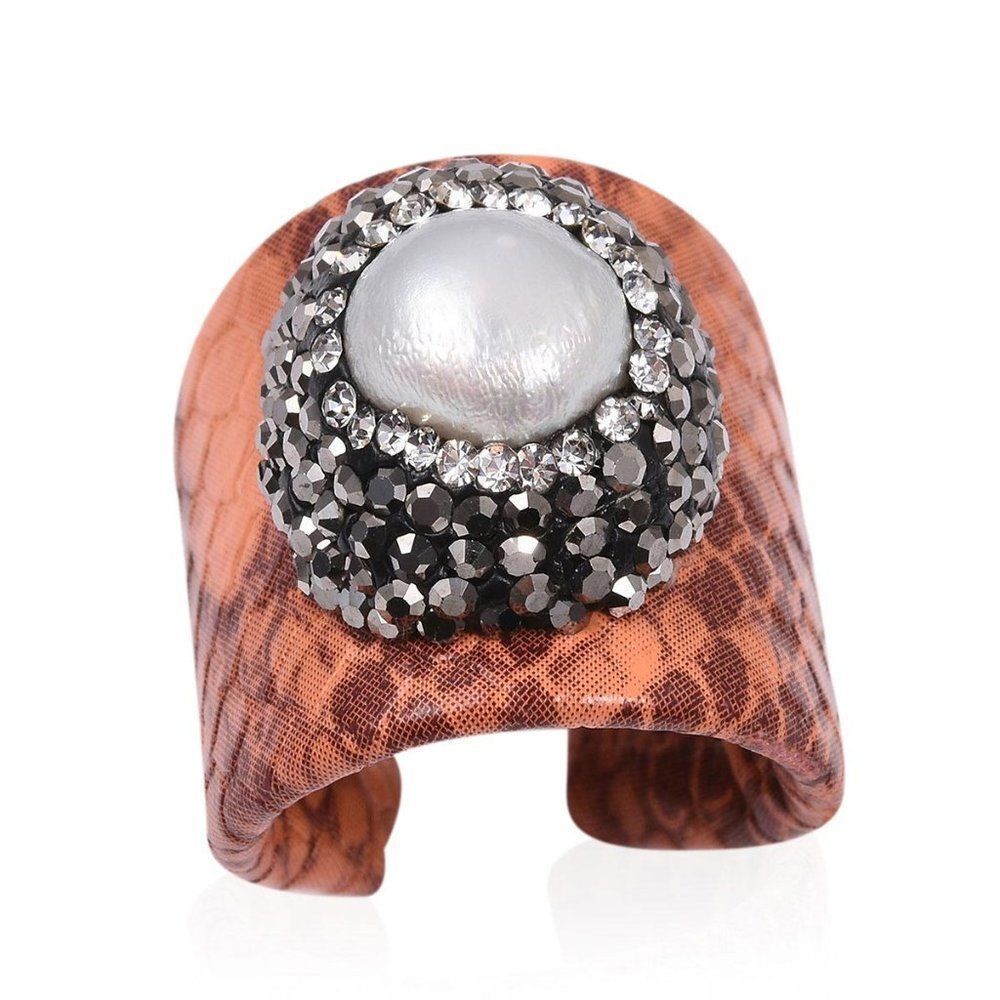Pearl & Crystal Copper-Tone Wide Band Ring